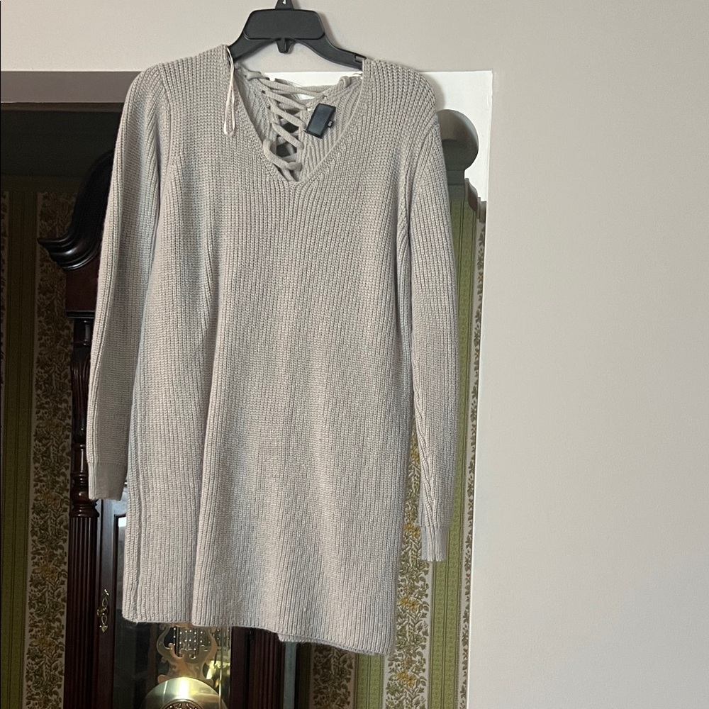 Gray Knit Sweater Dress with Lace-Up Detail